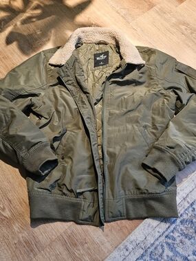 Hollister Bomber Jacket Mens Size M Green Sherpa Collar Flight Coat